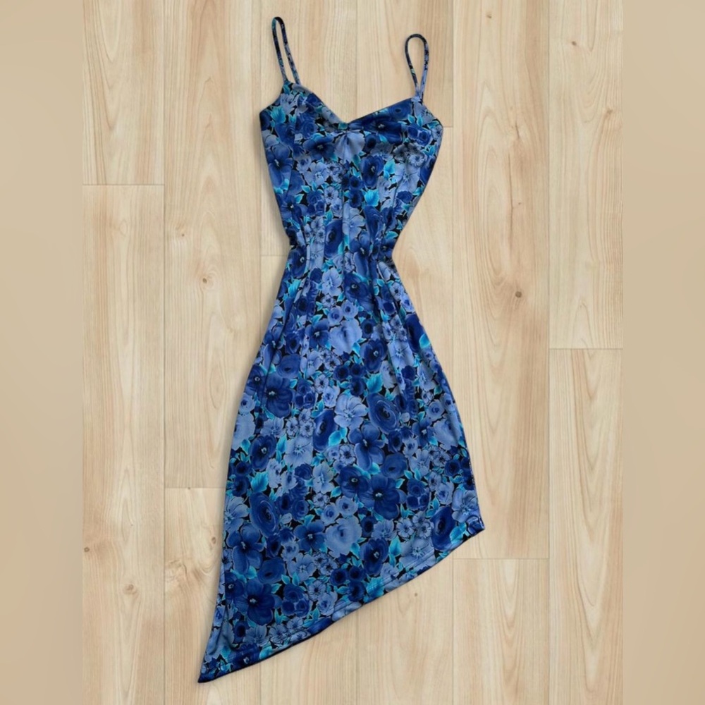 Y2K blue floral asymmetrical dress